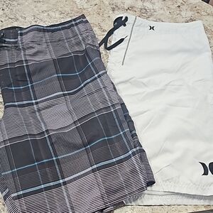 Hurley Men's Plaid and White Swim Shorts